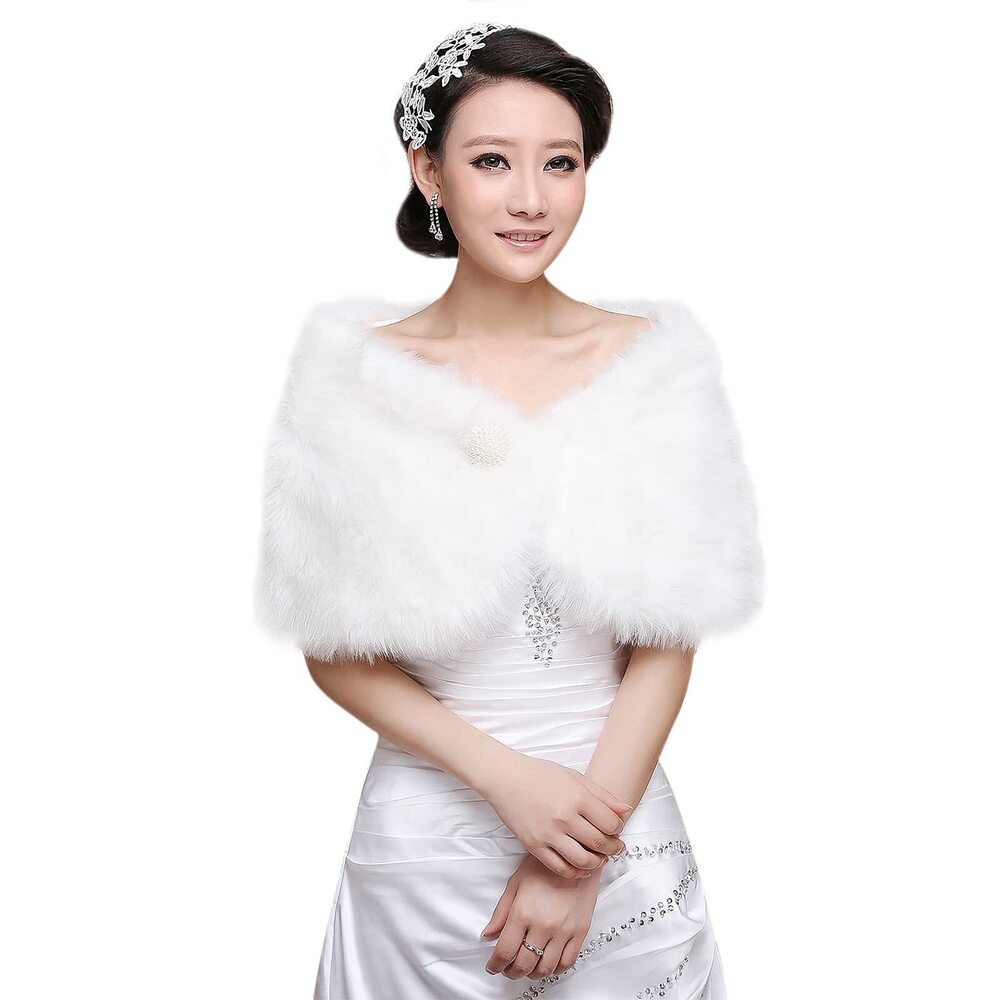 8361 Women Wedding Faux Fur Shawl Wraps Bridal Sleeveless Stole Cape Winter